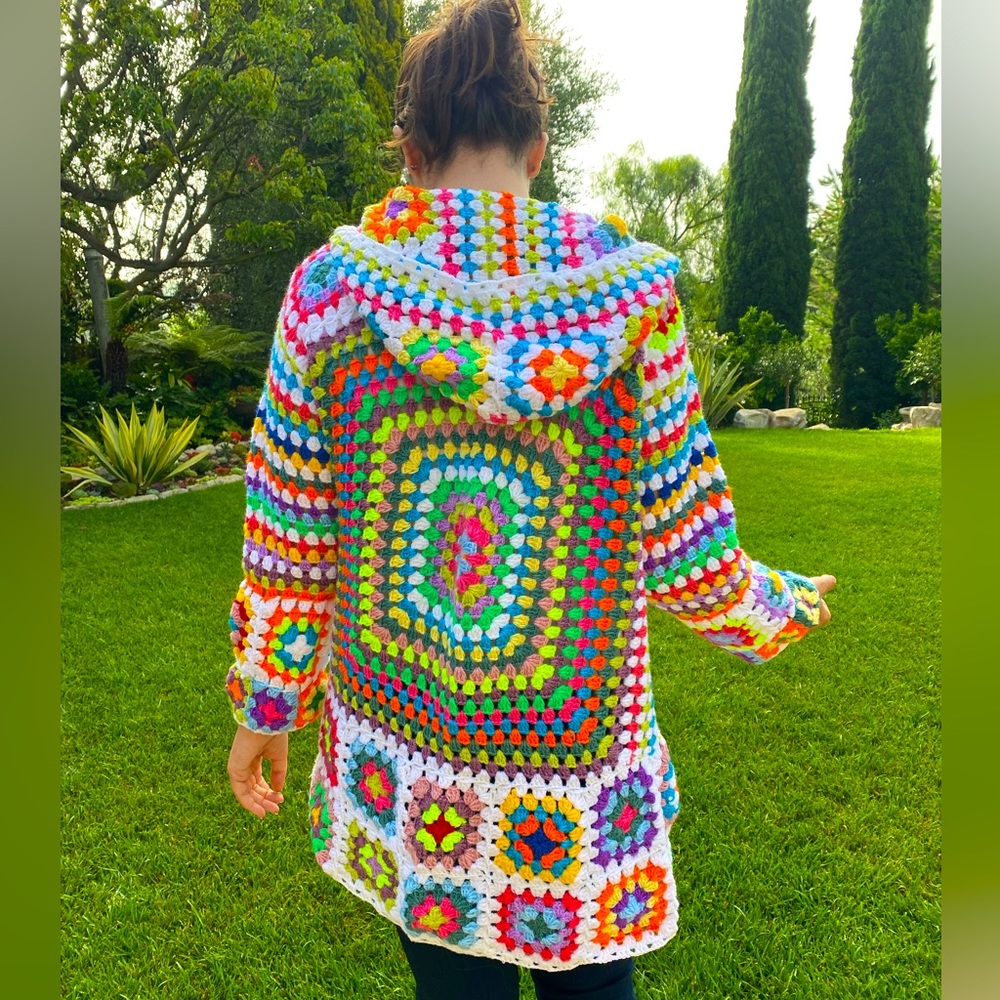 Granny Square Cardigan - Colorful Retro Crochet Sweater Jacket